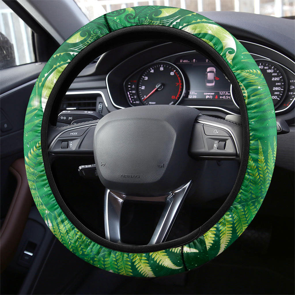 Aotearoa New Zealand New Year Steering Wheel Cover Tribal Koru Tattoo Green Galaxy Maori Silver Fern