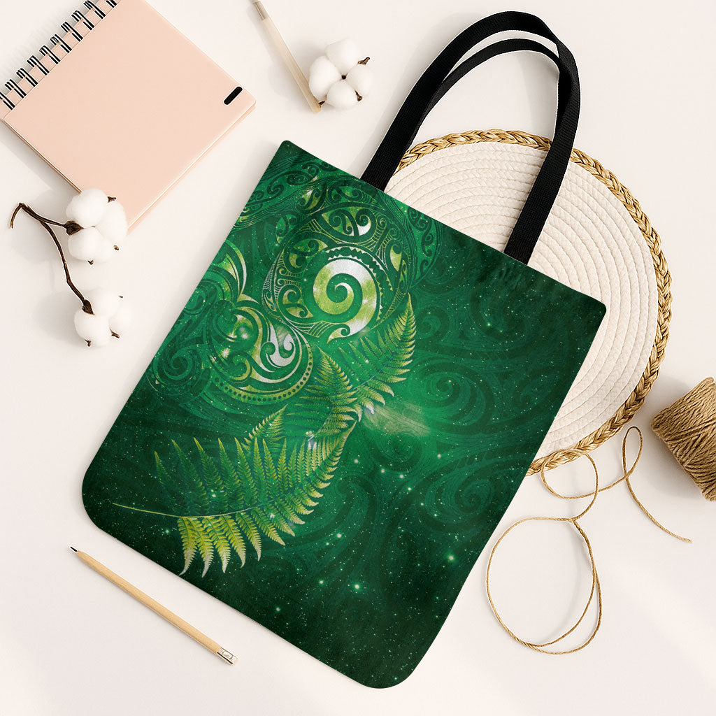 Aotearoa New Zealand New Year Tote Bag Tribal Koru Tattoo Green Galaxy Maori Silver Fern