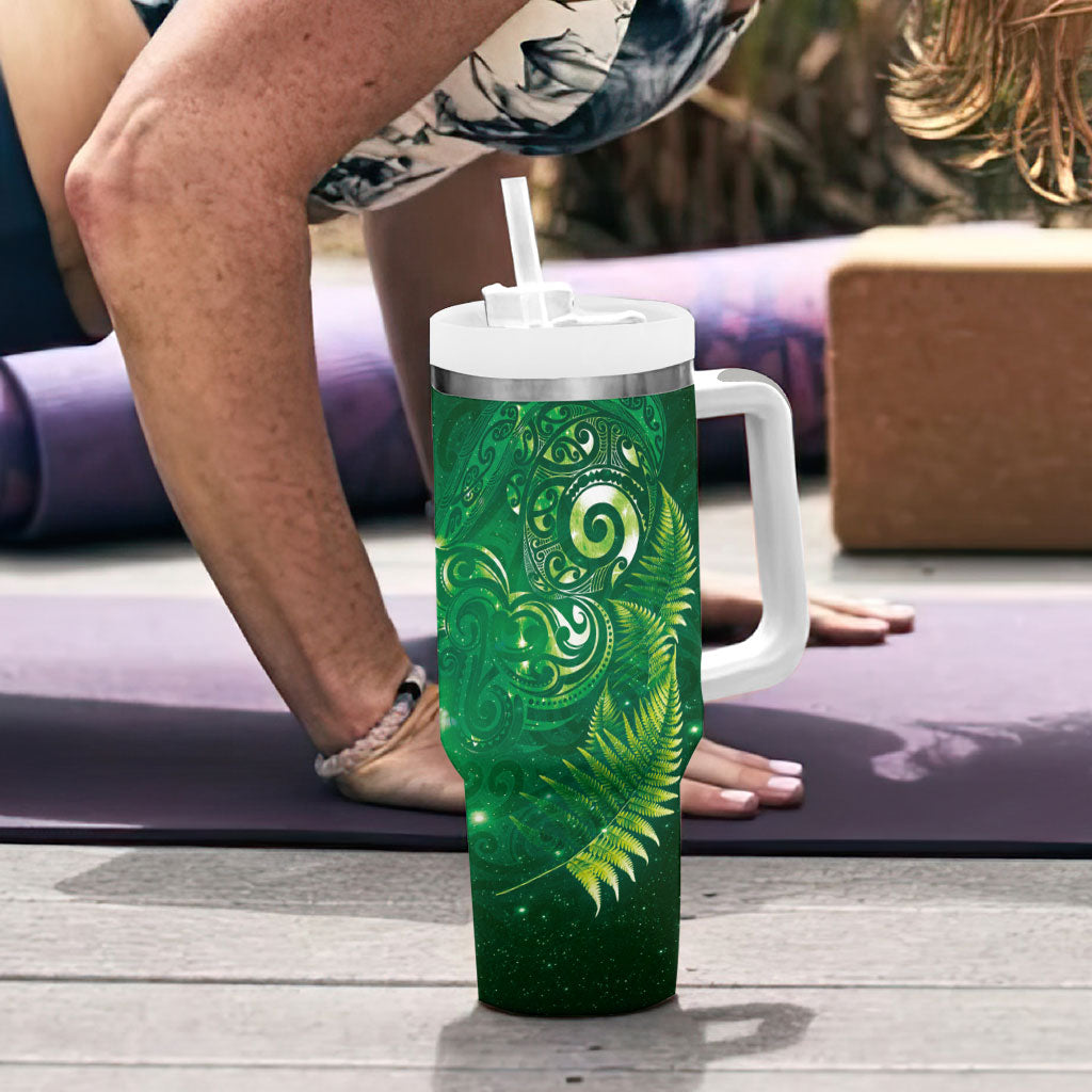 Aotearoa New Zealand New Year Tumbler With Handle Tribal Koru Tattoo Green Galaxy Maori Silver Fern