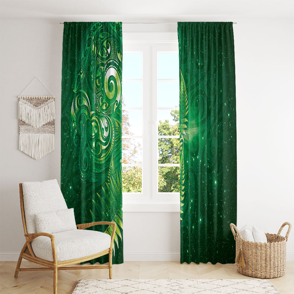 Aotearoa New Zealand New Year Window Curtain Tribal Koru Tattoo Green Galaxy Maori Silver Fern