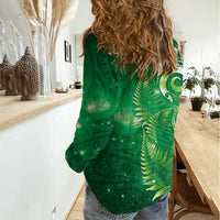 Aotearoa New Zealand New Year Women Casual Shirt Tribal Koru Tattoo Green Galaxy Maori Silver Fern LT03 - Polynesian Pride