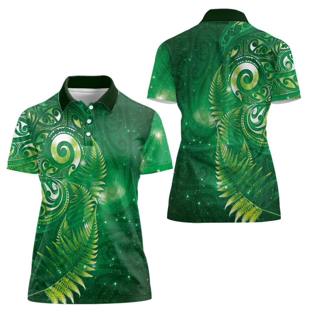 Aotearoa New Zealand New Year Women Polo Shirt Tribal Koru Tattoo Green Galaxy Maori Silver Fern LT03 - Polynesian Pride