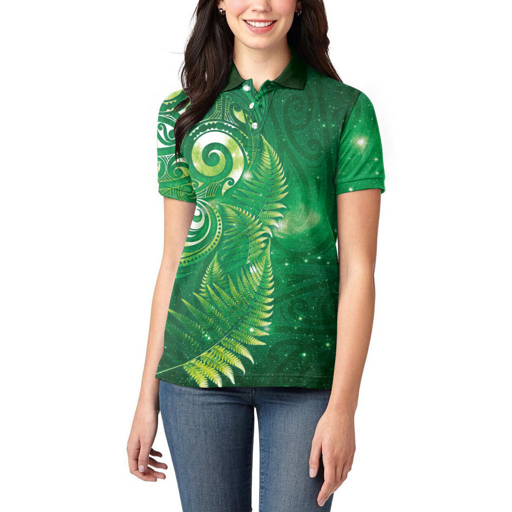 Aotearoa New Zealand New Year Women Polo Shirt Tribal Koru Tattoo Green Galaxy Maori Silver Fern LT03 - Polynesian Pride