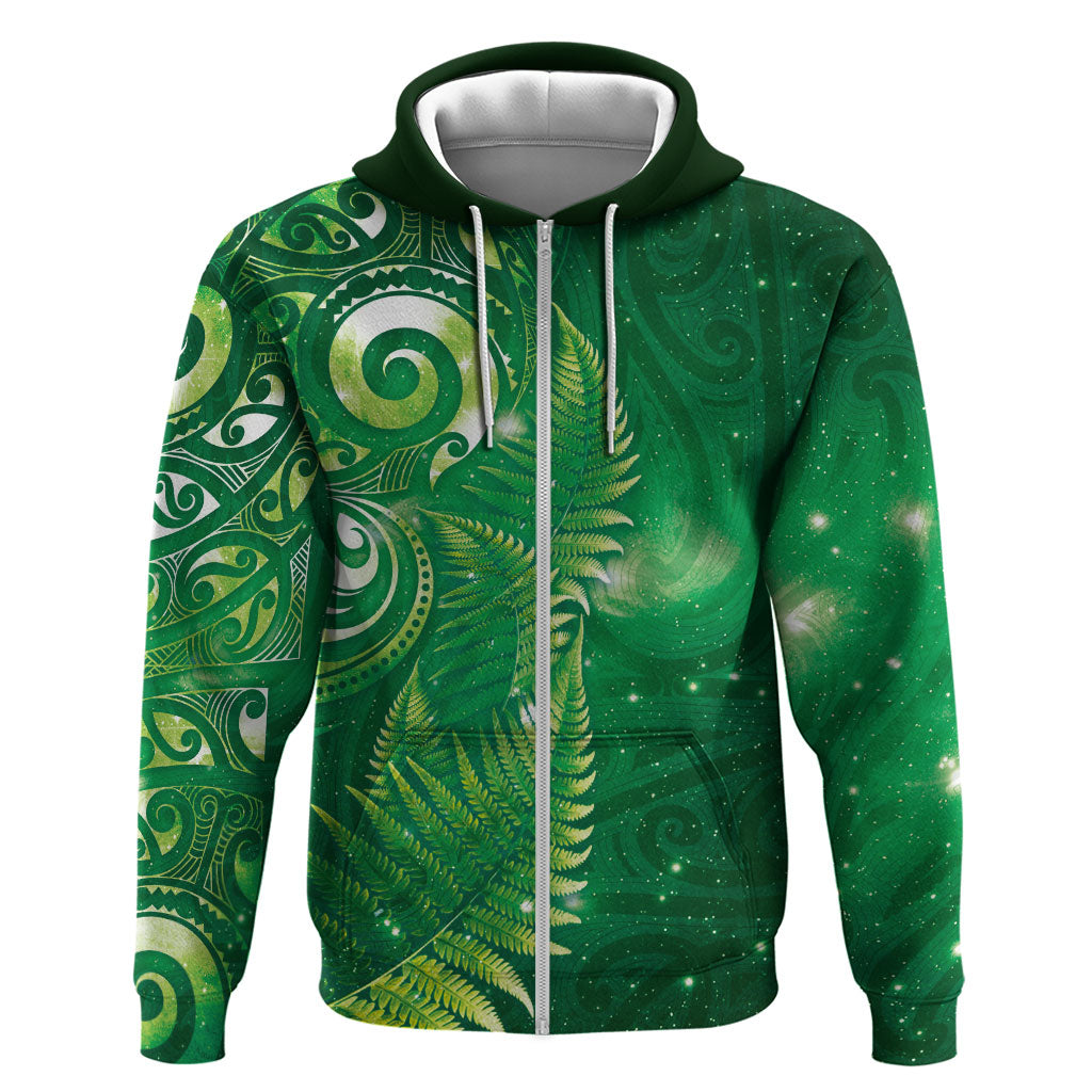 Aotearoa New Zealand New Year Zip Hoodie Tribal Koru Tattoo Green Galaxy Maori Silver Fern LT03 Zip Hoodie Green - Polynesian Pride