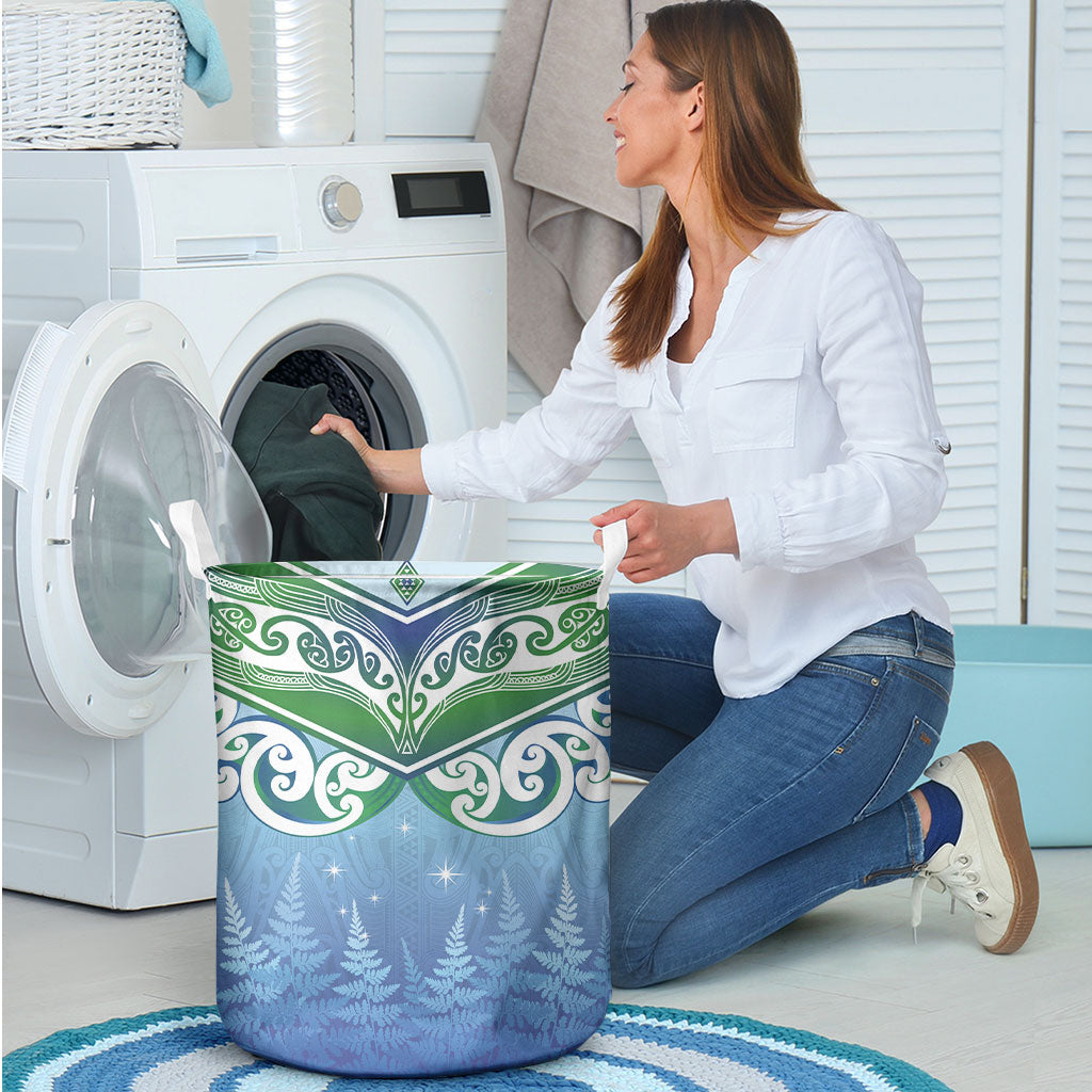 Aotearoa New Zealand New Year Laundry Basket Maori Motifs with Silver Fern and Matariki Stars