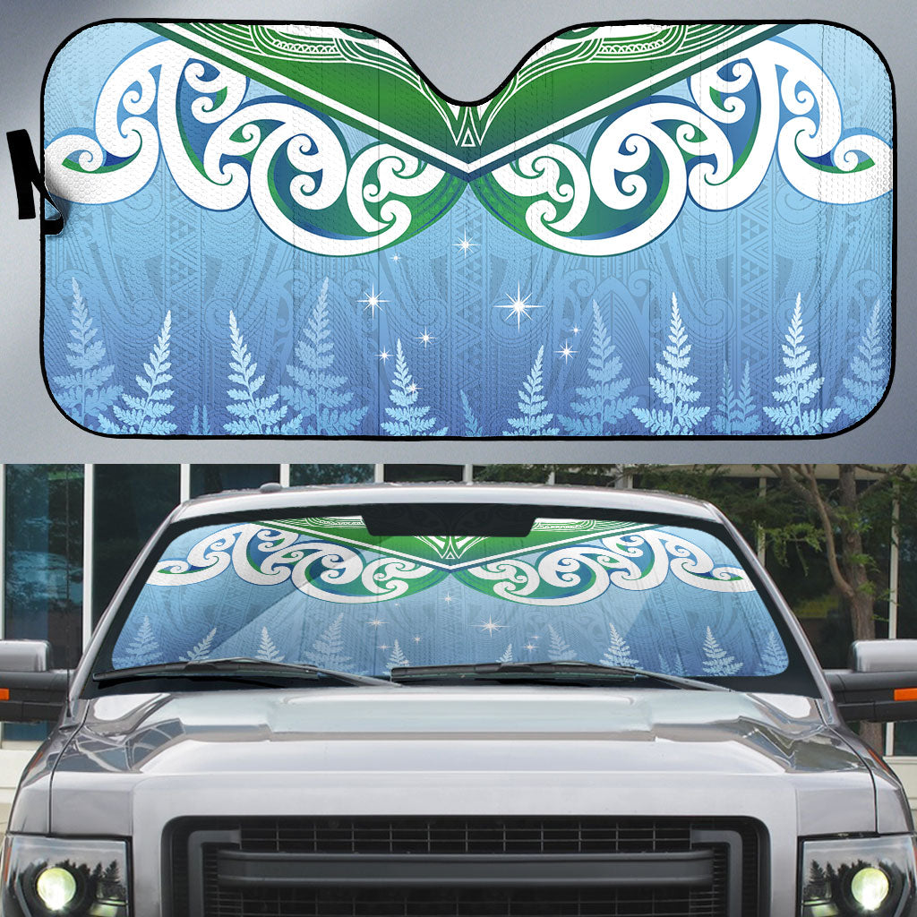 Aotearoa New Zealand New Year Auto Sun Shade Maori Motifs with Silver Fern and Matariki Stars