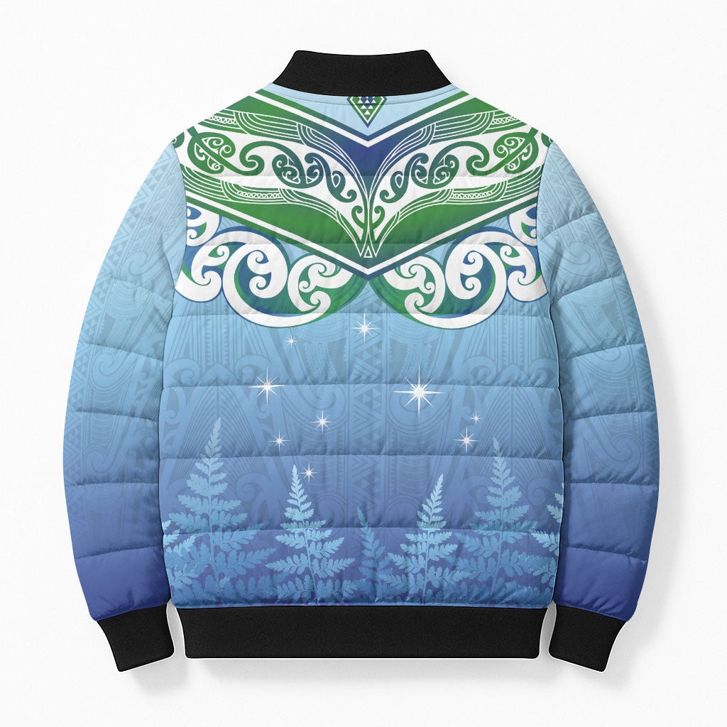 Aotearoa New Zealand New Year Bomber Puffer Jacket Maori Motifs with Silver Fern and Matariki Stars