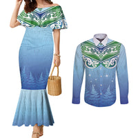 Aotearoa New Zealand New Year Couples Matching Mermaid Dress and Long Sleeve Button Shirt Maori Motifs with Silver Fern and Matariki Stars LT03 Multicolor - Polynesian Pride