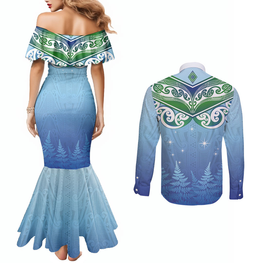Aotearoa New Zealand New Year Couples Matching Mermaid Dress and Long Sleeve Button Shirt Maori Motifs with Silver Fern and Matariki Stars LT03 - Polynesian Pride