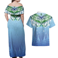 Aotearoa New Zealand New Year Couples Matching Off Shoulder Maxi Dress and Hawaiian Shirt Maori Motifs with Silver Fern and Matariki Stars LT03 - Polynesian Pride