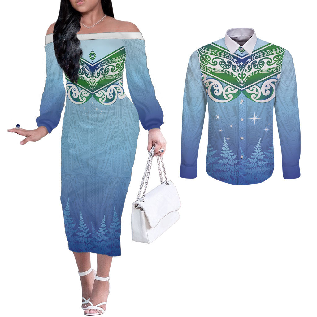Aotearoa New Zealand New Year Couples Matching Off The Shoulder Long Sleeve Dress and Long Sleeve Button Shirt Maori Motifs with Silver Fern and Matariki Stars LT03 Multicolor - Polynesian Pride