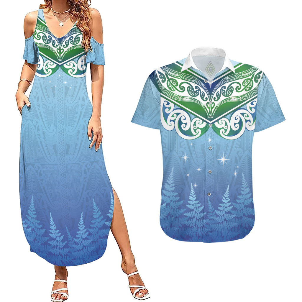 Aotearoa New Zealand New Year Couples Matching Summer Maxi Dress and Hawaiian Shirt Maori Motifs with Silver Fern and Matariki Stars