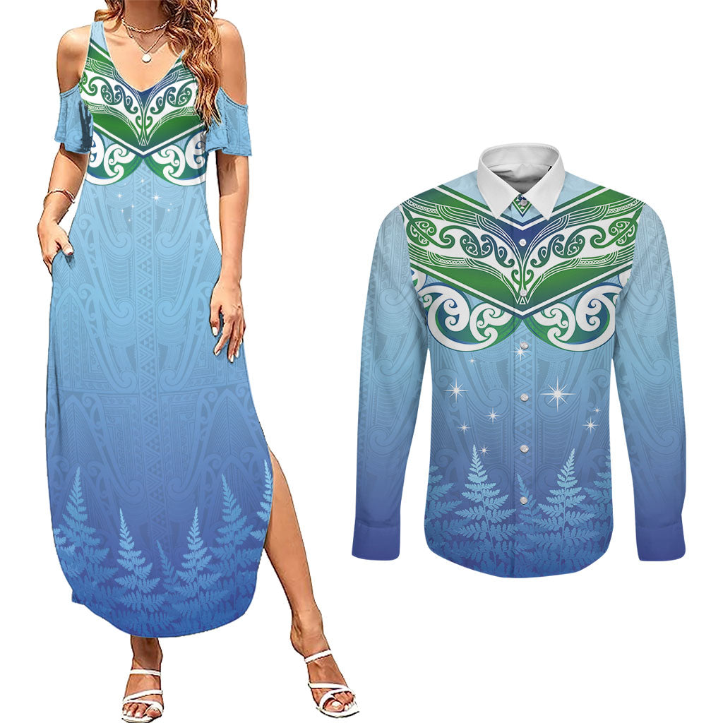 Aotearoa New Zealand New Year Couples Matching Summer Maxi Dress and Long Sleeve Button Shirt Maori Motifs with Silver Fern and Matariki Stars LT03 Multicolor - Polynesian Pride