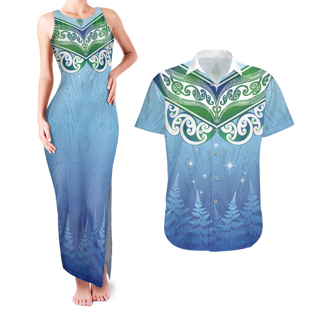 Aotearoa New Zealand New Year Couples Matching Tank Maxi Dress and Hawaiian Shirt Maori Motifs with Silver Fern and Matariki Stars