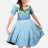 Aotearoa New Zealand New Year Family Matching Long Sleeve Bodycon Dress and Hawaiian Shirt Maori Motifs with Silver Fern and Matariki Stars LT03 Daughter's Dress Multicolor - Polynesian Pride