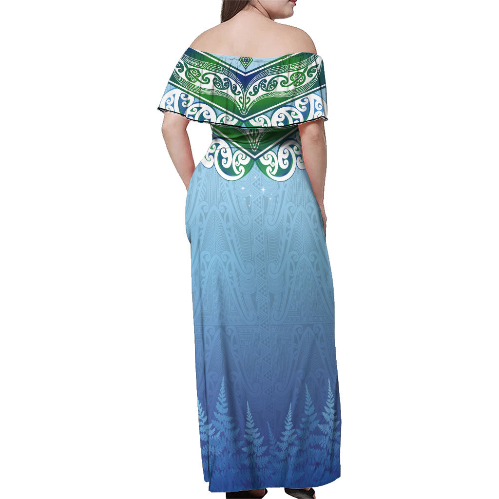 Aotearoa New Zealand New Year Family Matching Off Shoulder Maxi Dress and Hawaiian Shirt Maori Motifs with Silver Fern and Matariki Stars LT03 - Polynesian Pride