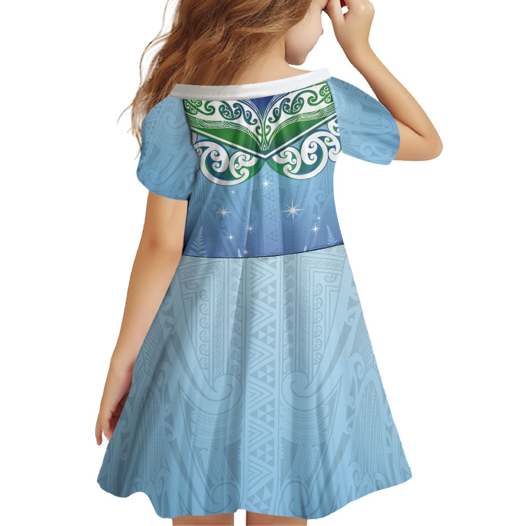 Aotearoa New Zealand New Year Family Matching Off Shoulder Short Dress and Hawaiian Shirt Maori Motifs with Silver Fern and Matariki Stars LT03 - Polynesian Pride