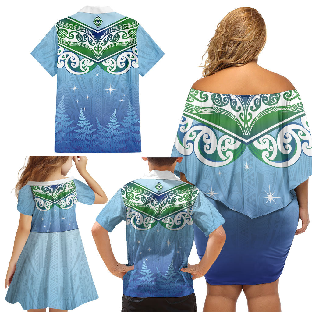 Aotearoa New Zealand New Year Family Matching Off Shoulder Short Dress and Hawaiian Shirt Maori Motifs with Silver Fern and Matariki Stars LT03 - Polynesian Pride