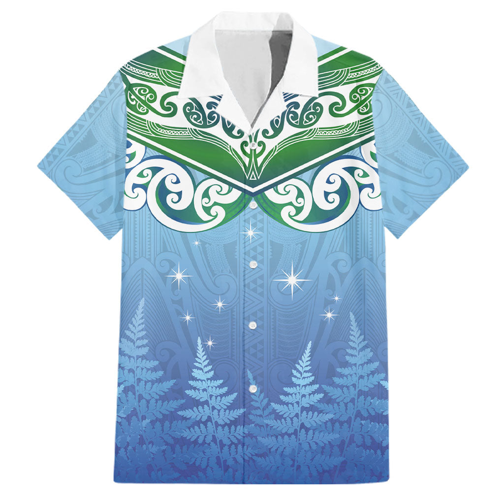 Aotearoa New Zealand New Year Family Matching Off Shoulder Short Dress and Hawaiian Shirt Maori Motifs with Silver Fern and Matariki Stars LT03 Dad's Shirt - Short Sleeve Multicolor - Polynesian Pride