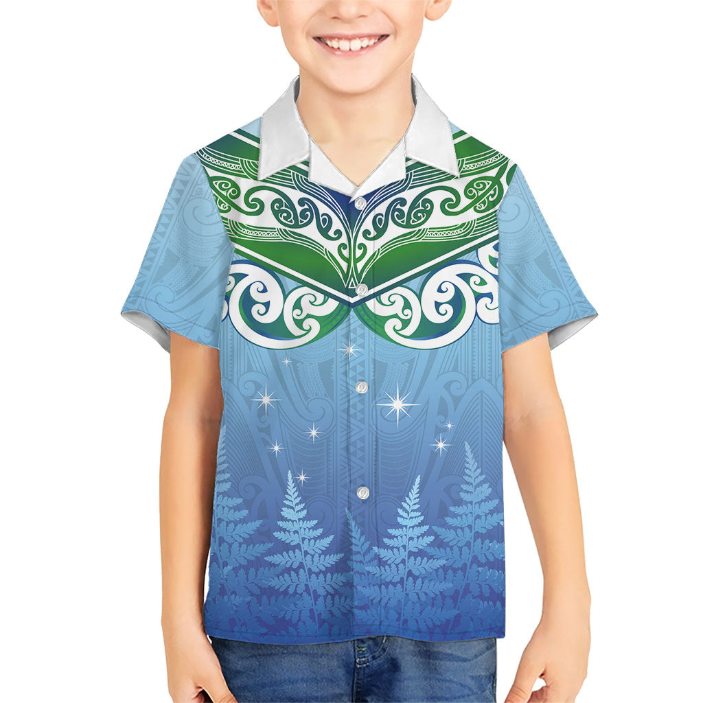 Aotearoa New Zealand New Year Family Matching Off Shoulder Short Dress and Hawaiian Shirt Maori Motifs with Silver Fern and Matariki Stars LT03 Son's Shirt Multicolor - Polynesian Pride