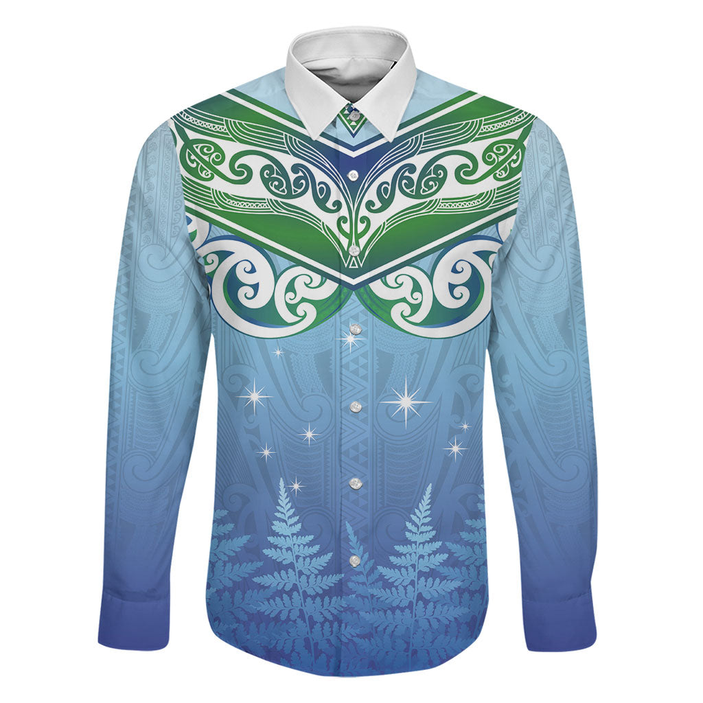 Aotearoa New Zealand New Year Family Matching Short Sleeve Bodycon Dress and Hawaiian Shirt Maori Motifs with Silver Fern and Matariki Stars LT03 Dad's Shirt - Long Sleeve Multicolor - Polynesian Pride