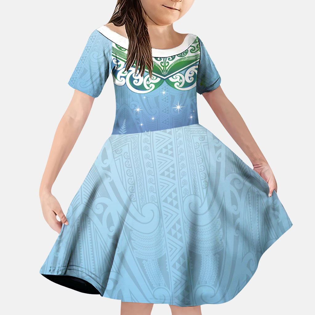 Aotearoa New Zealand New Year Family Matching Tank Maxi Dress and Hawaiian Shirt Maori Motifs with Silver Fern and Matariki Stars LT03 Daughter's Dress Multicolor - Polynesian Pride