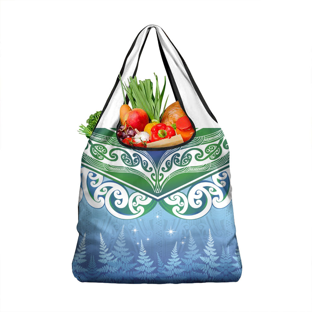 Aotearoa New Zealand New Year Grocery Bag Maori Motifs with Silver Fern and Matariki Stars