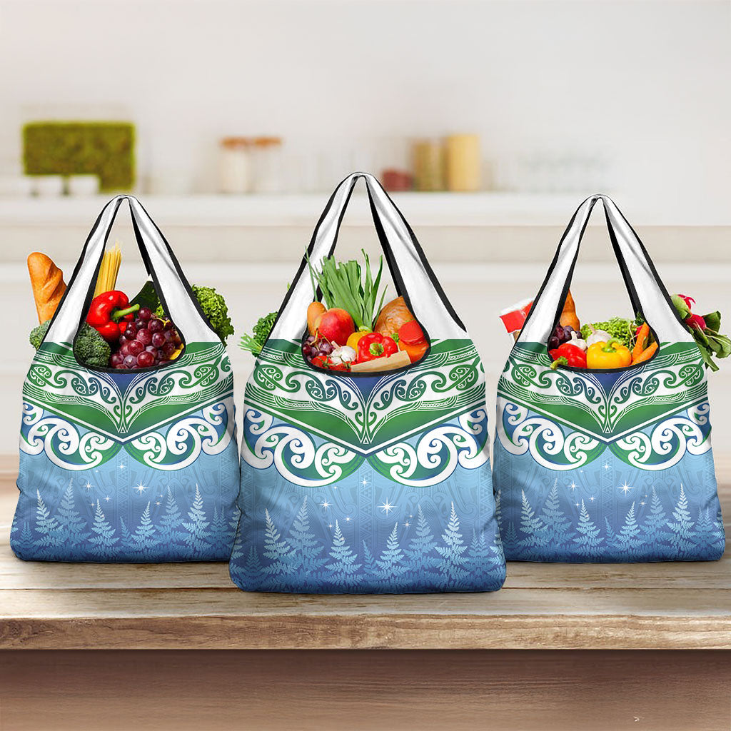 Aotearoa New Zealand New Year Grocery Bag Maori Motifs with Silver Fern and Matariki Stars