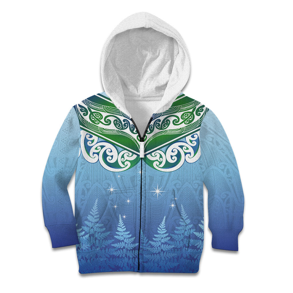 Aotearoa New Zealand New Year Kid Hoodie Maori Motifs with Silver Fern and Matariki Stars LT03 Zip Hoodie Multicolor - Polynesian Pride