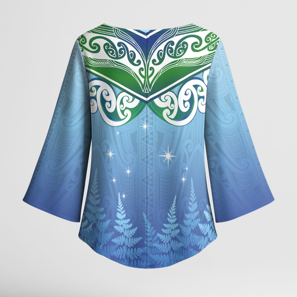 Aotearoa New Zealand New Year Kimono Sleeve Blouse Maori Motifs with Silver Fern and Matariki Stars LT03 - Polynesian Pride