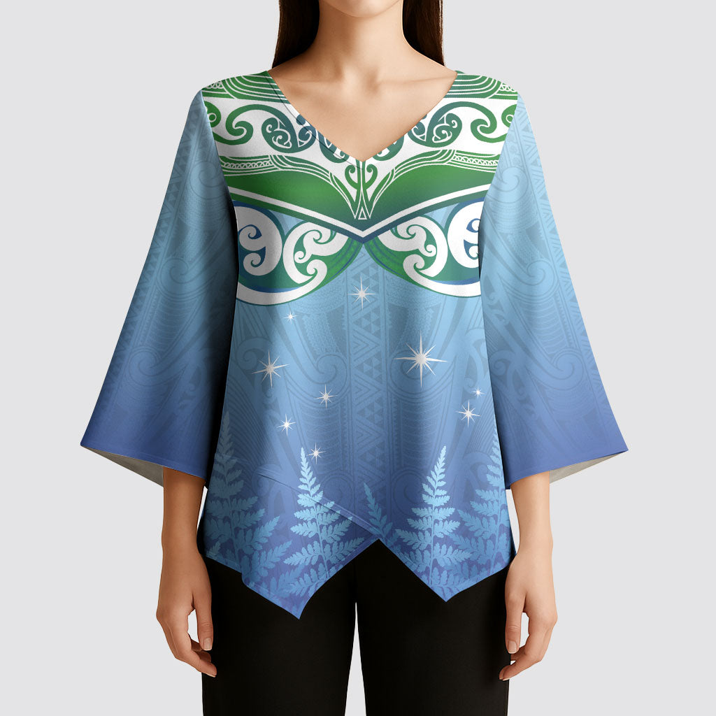 Aotearoa New Zealand New Year Kimono Sleeve Blouse Maori Motifs with Silver Fern and Matariki Stars LT03 - Polynesian Pride