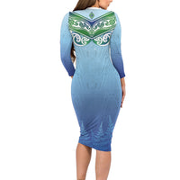 Aotearoa New Zealand New Year Long Sleeve Bodycon Dress Maori Motifs with Silver Fern and Matariki Stars LT03 - Polynesian Pride