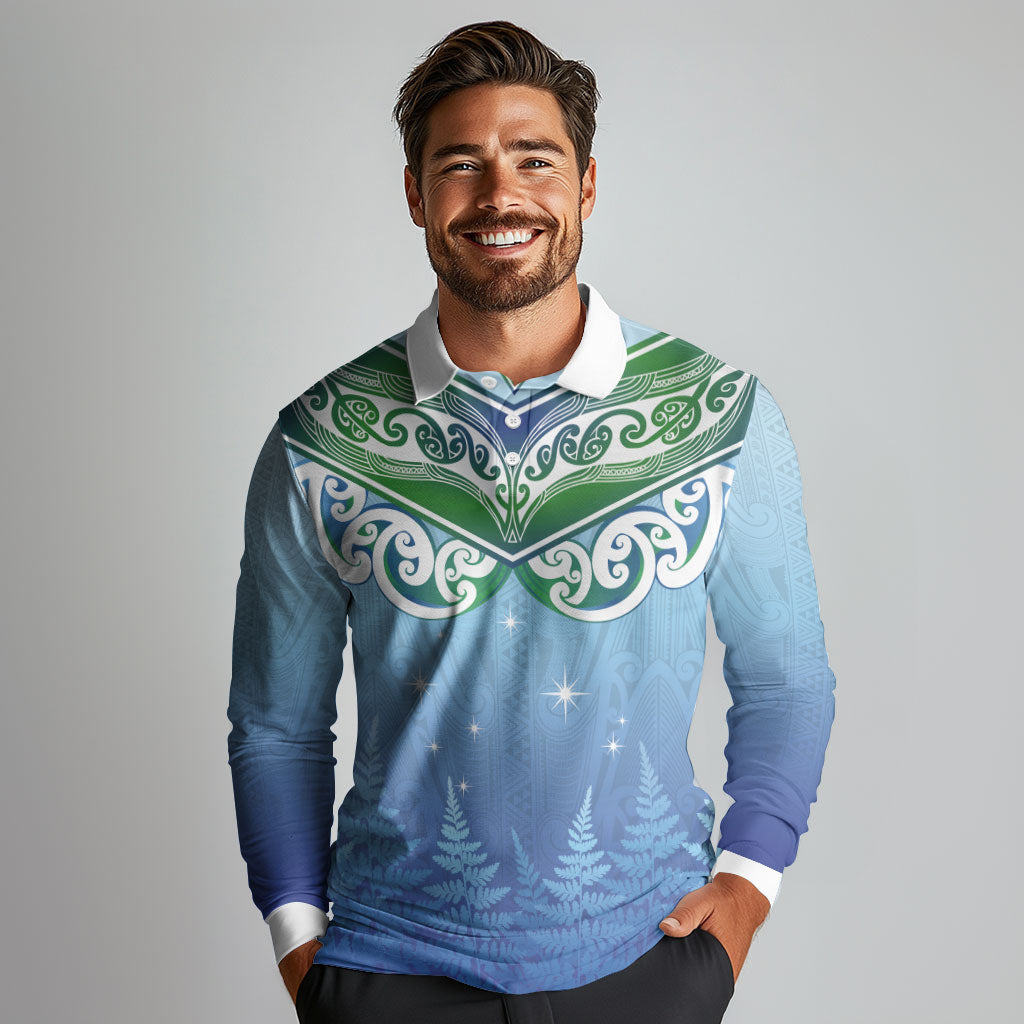 Aotearoa New Zealand New Year Long Sleeve Polo Shirt Maori Motifs with Silver Fern and Matariki Stars LT03 - Polynesian Pride