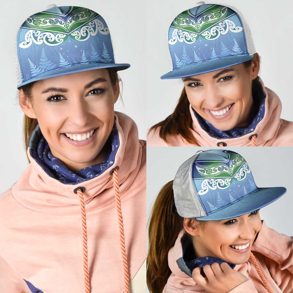 Aotearoa New Zealand New Year Mesh Trucker Cap Maori Motifs with Silver Fern and Matariki Stars