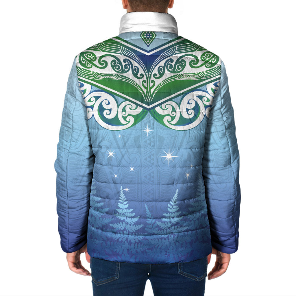 Aotearoa New Zealand New Year Padded Jacket Maori Motifs with Silver Fern and Matariki Stars