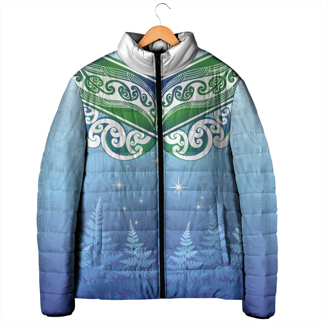 Aotearoa New Zealand New Year Padded Jacket Maori Motifs with Silver Fern and Matariki Stars
