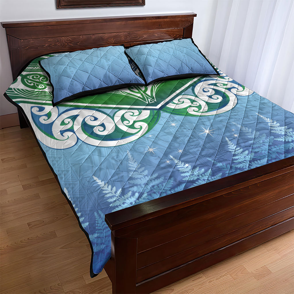 Aotearoa New Zealand New Year Quilt Bed Set Maori Motifs with Silver Fern and Matariki Stars