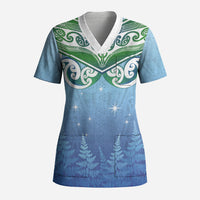 Aotearoa New Zealand New Year Scrub Top Maori Motifs with Silver Fern and Matariki Stars