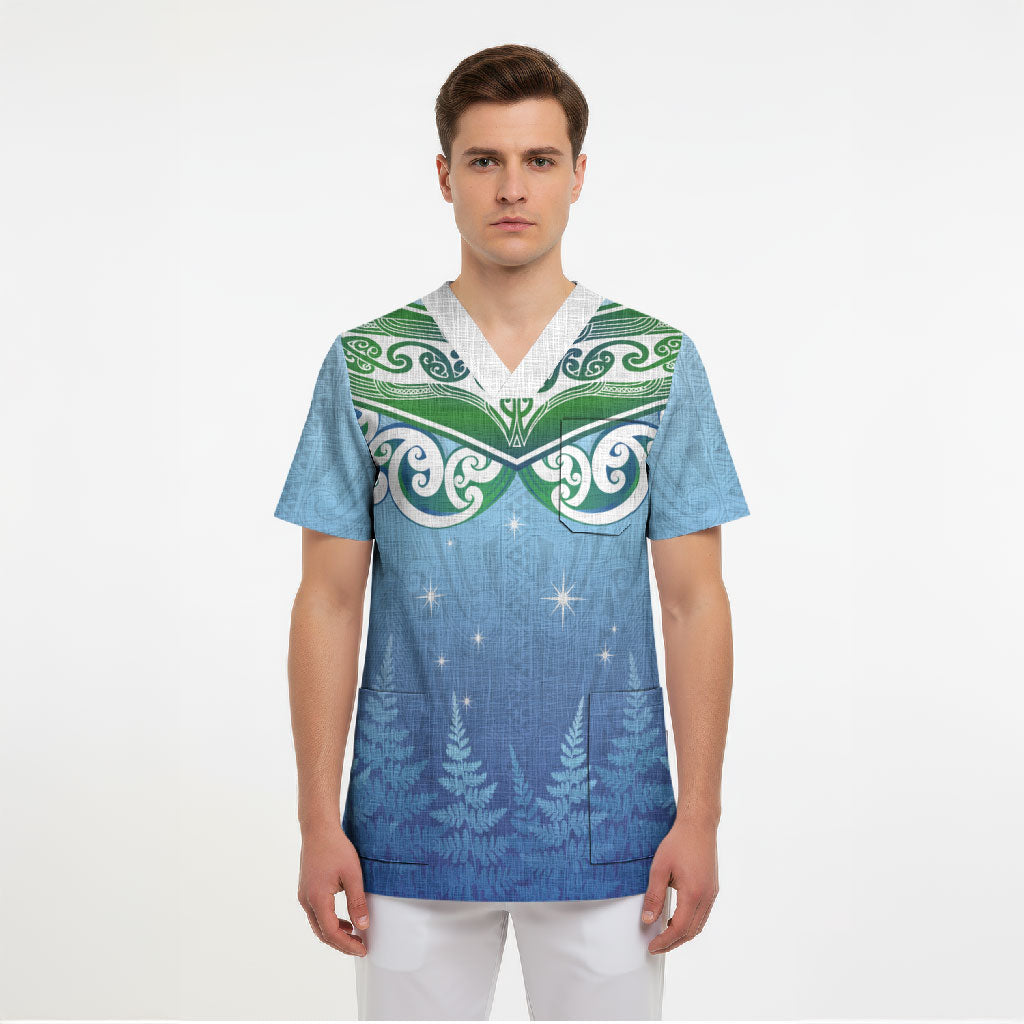 Aotearoa New Zealand New Year Scrub Top Maori Motifs with Silver Fern and Matariki Stars