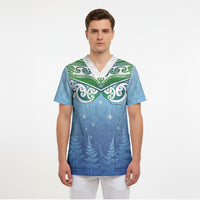 Aotearoa New Zealand New Year Scrub Top Maori Motifs with Silver Fern and Matariki Stars