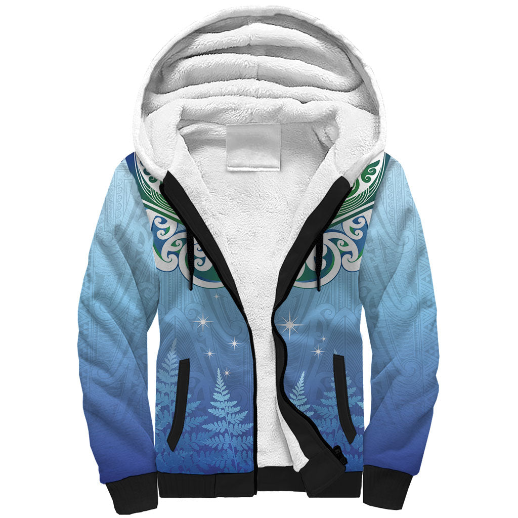 Aotearoa New Zealand New Year Sherpa Hoodie Maori Motifs with Silver Fern and Matariki Stars