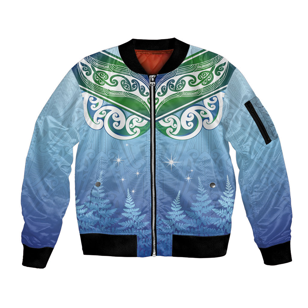 Aotearoa New Zealand New Year Sleeve Zip Bomber Jacket Maori Motifs with Silver Fern and Matariki Stars