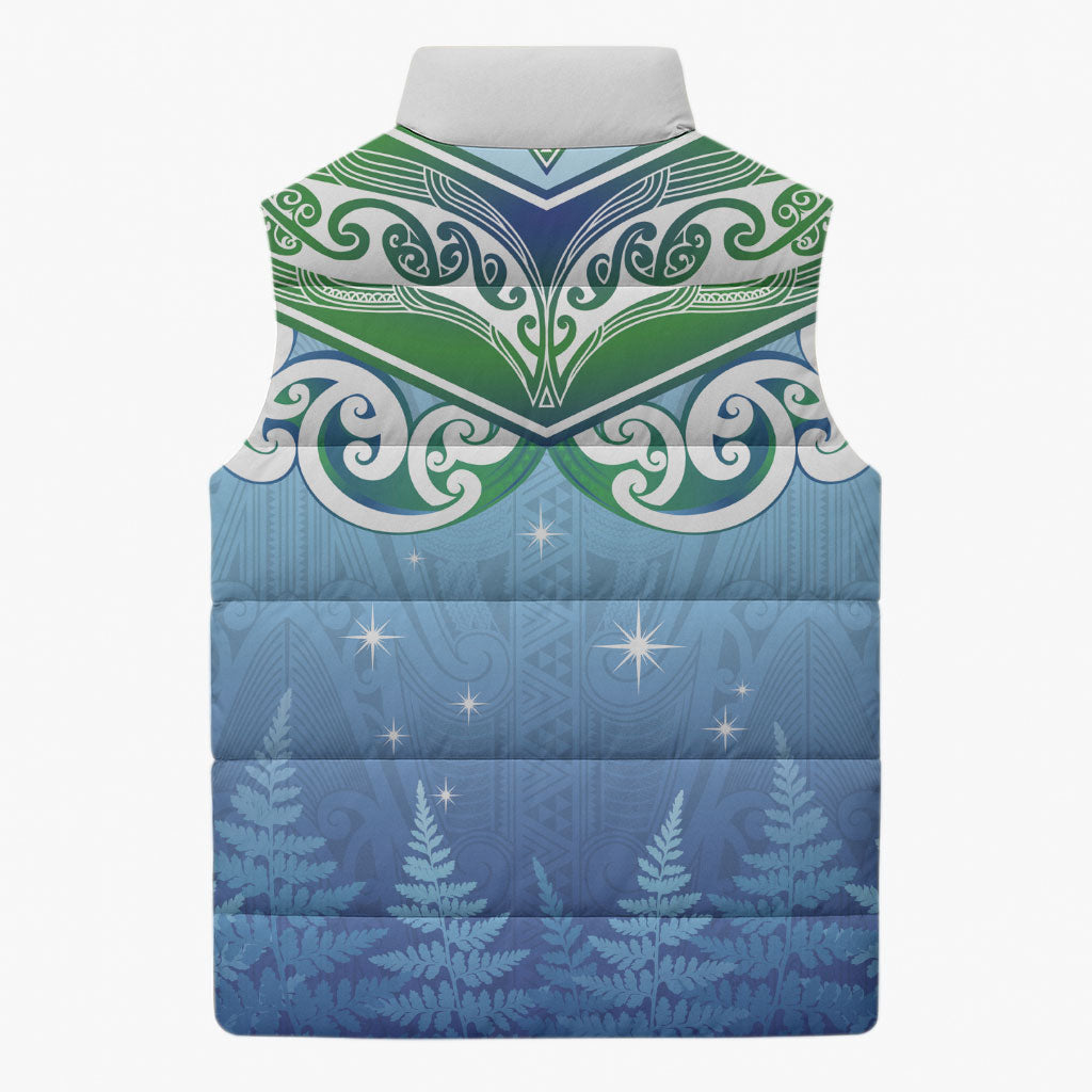 Aotearoa New Zealand New Year Sleeveless Puffer Jacket Maori Motifs with Silver Fern and Matariki Stars