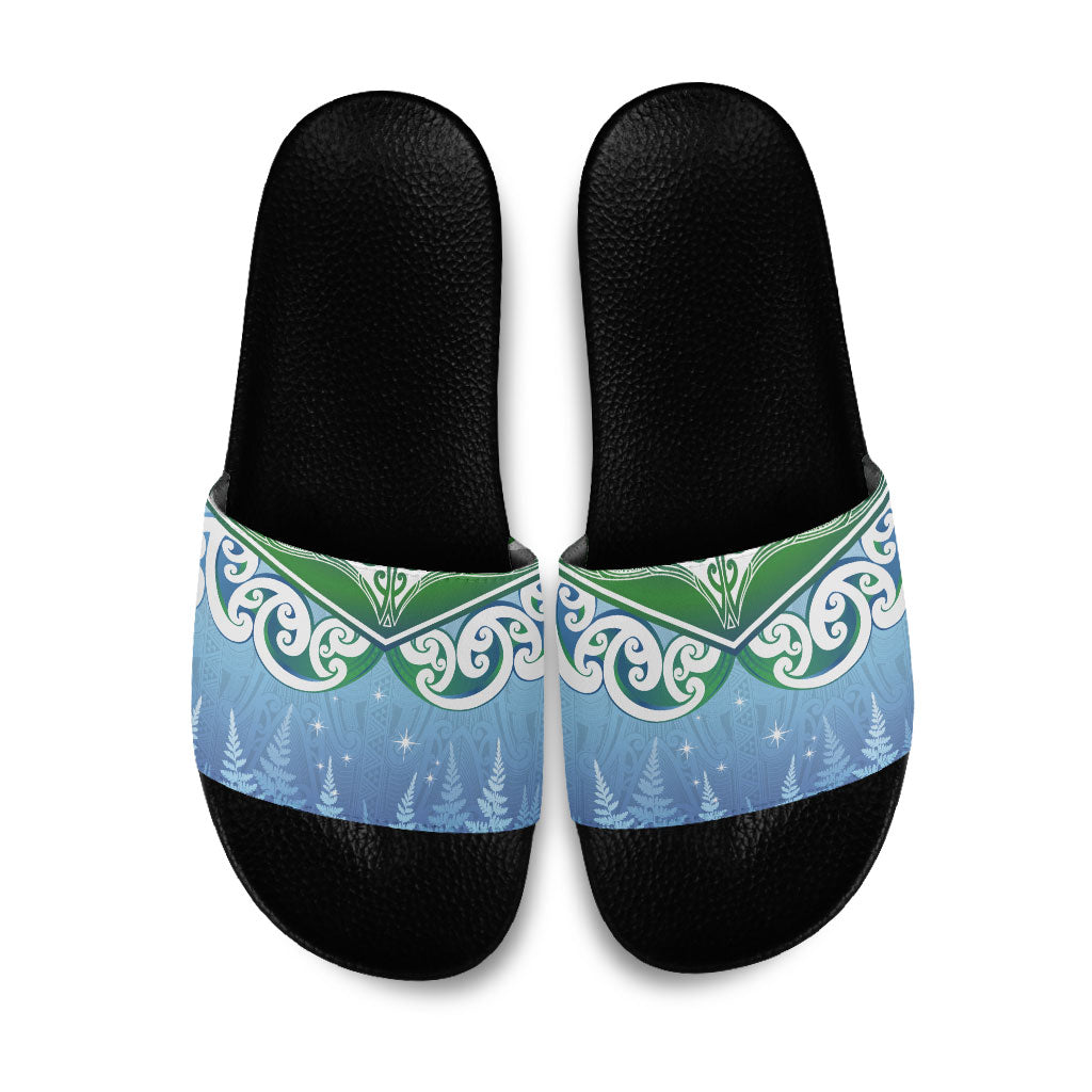Aotearoa New Zealand New Year Slide Sandals Maori Motifs with Silver Fern and Matariki Stars