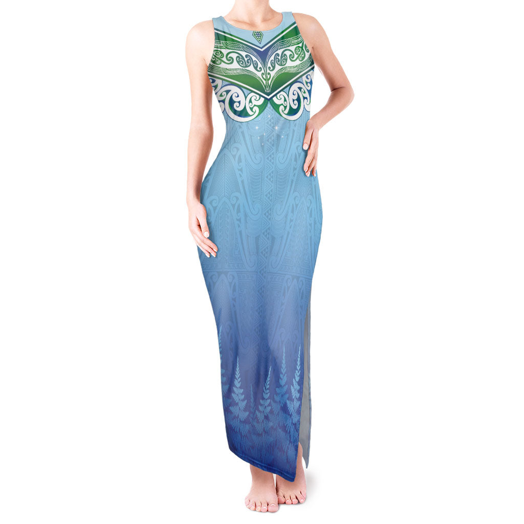 Aotearoa New Zealand New Year Tank Maxi Dress Maori Motifs with Silver Fern and Matariki Stars LT03 Women Multicolor - Polynesian Pride