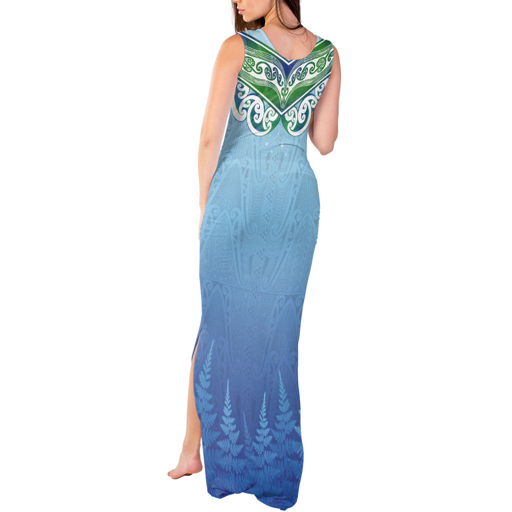Aotearoa New Zealand New Year Tank Maxi Dress Maori Motifs with Silver Fern and Matariki Stars LT03 - Polynesian Pride