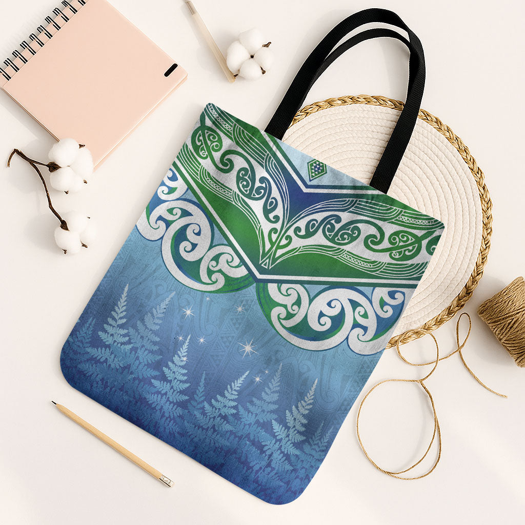 Aotearoa New Zealand New Year Tote Bag Maori Motifs with Silver Fern and Matariki Stars