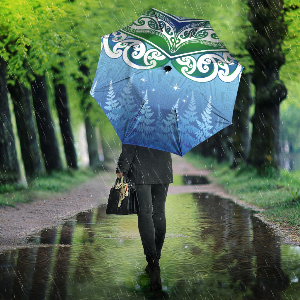Aotearoa New Zealand New Year Umbrella Maori Motifs with Silver Fern and Matariki Stars
