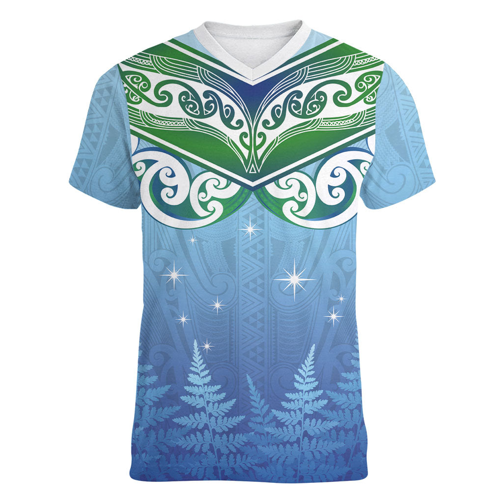 Aotearoa New Zealand New Year Women V-Neck T-Shirt Maori Motifs with Silver Fern and Matariki Stars LT03 Female Multicolor - Polynesian Pride