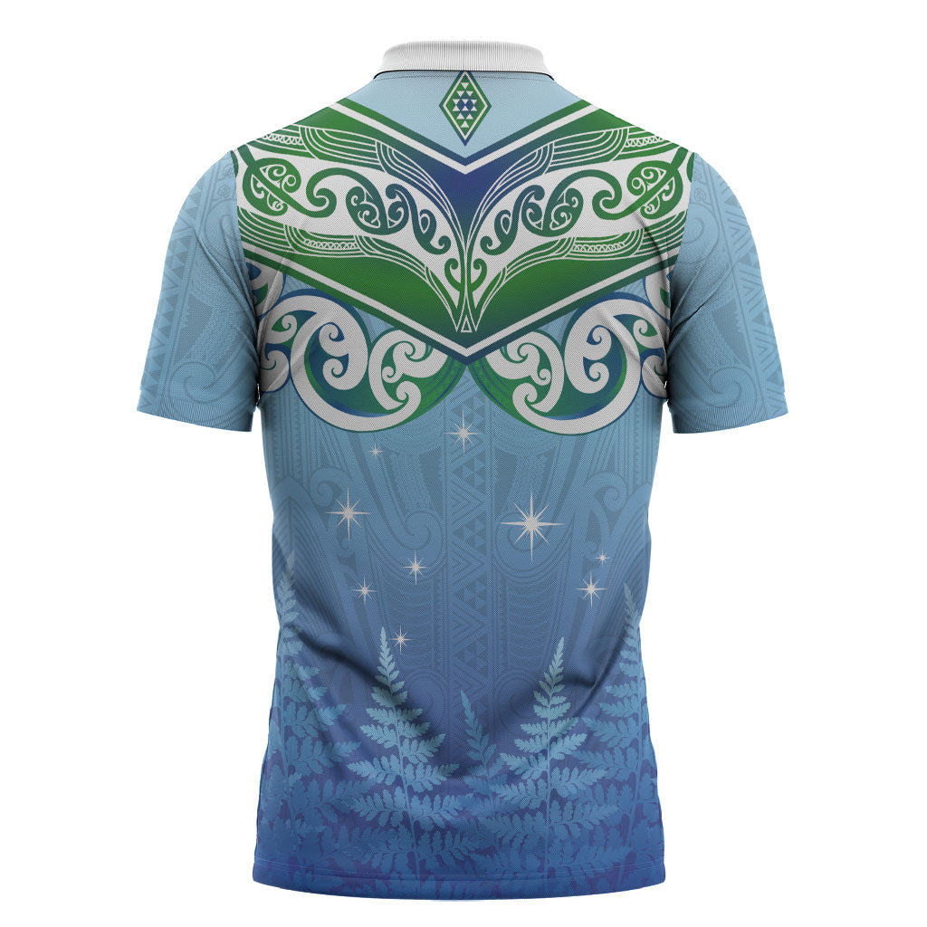 Aotearoa New Zealand New Year Zipper Polo Shirt Maori Motifs with Silver Fern and Matariki Stars LT03 - Polynesian Pride